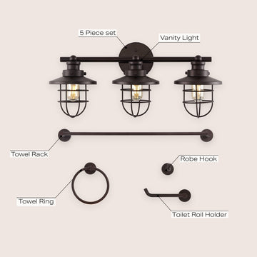 Ellis 24" 3-Light Industrial Farmhouse Vanity Light with Bathroom Hardware Accessory Set - JONATHAN Y